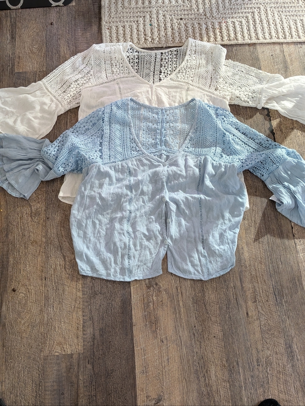 Lace Yoke Button-Front Women’s Top - Light Blue And White (Two)
